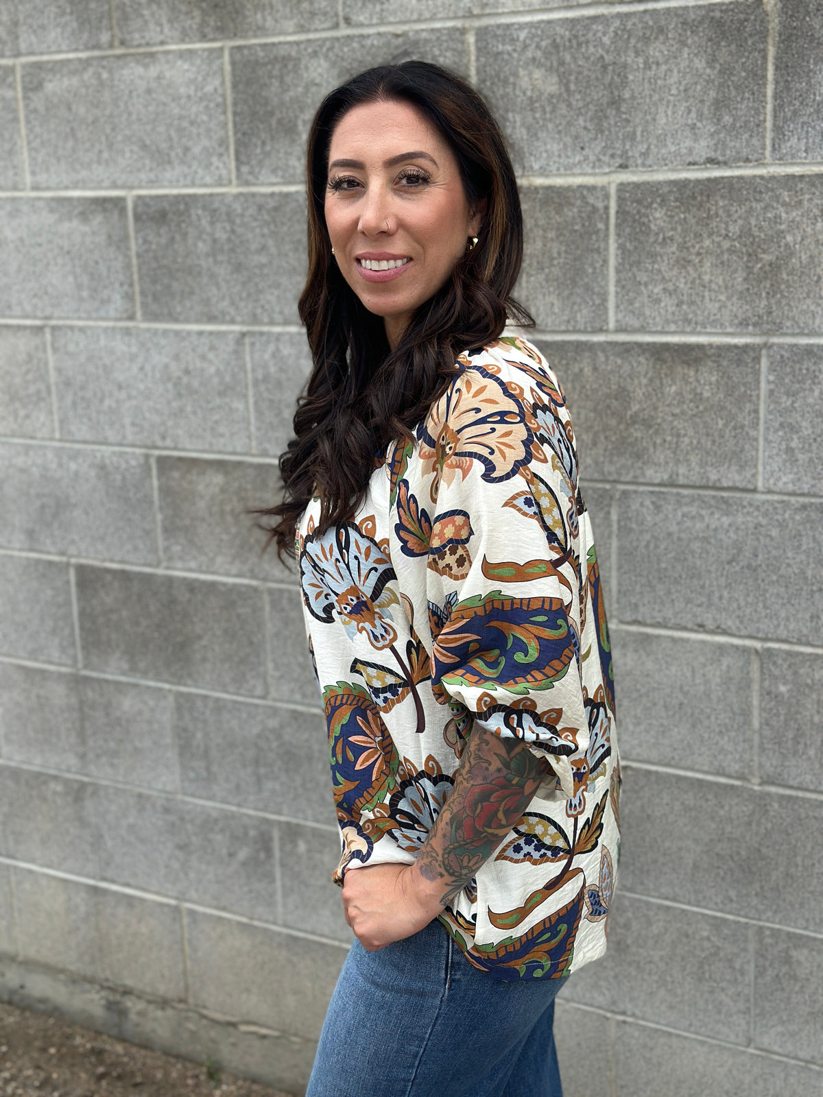 3/4 Sleeve Cream Floral Top (Small - 2X) - FINAL SALE