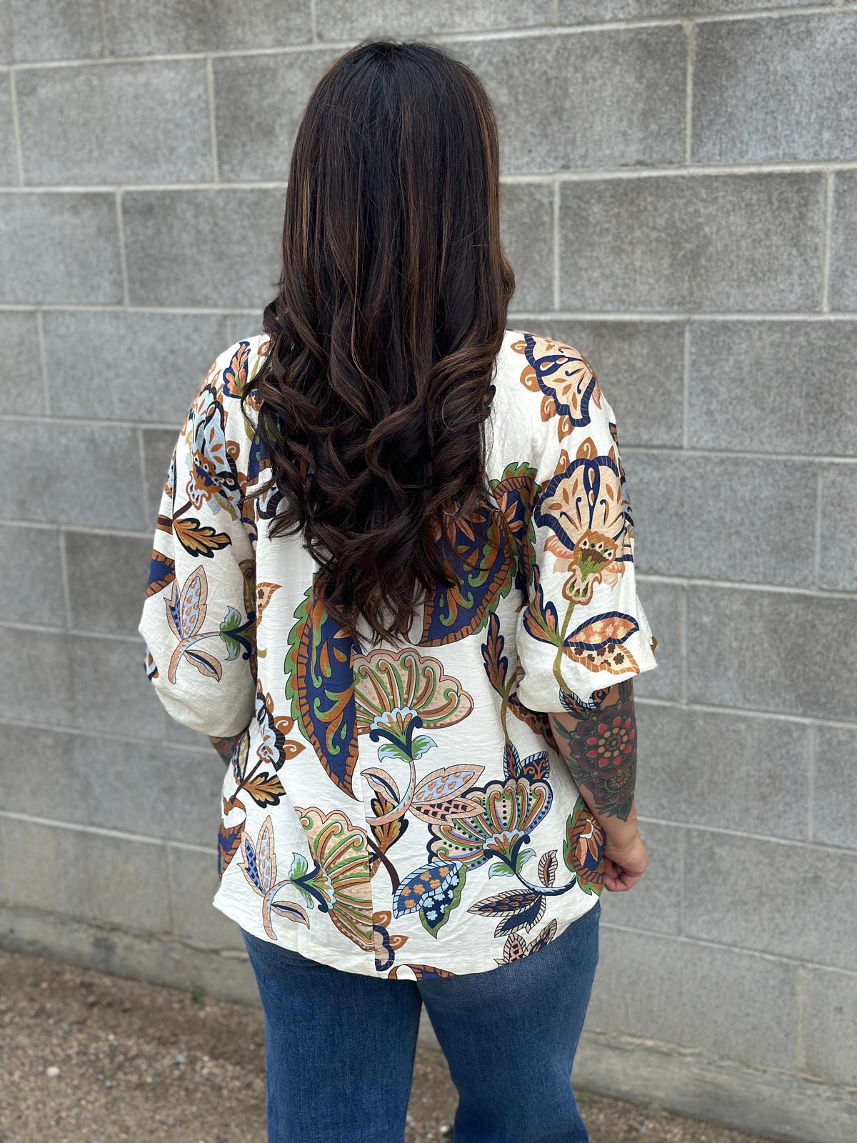 3/4 Sleeve Cream Floral Top (Small - 2X) - FINAL SALE