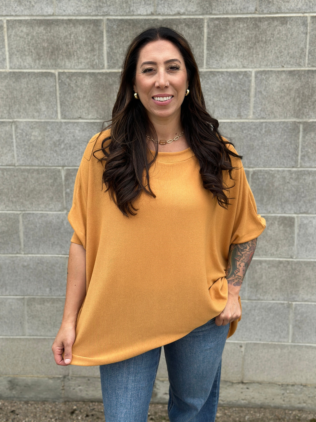 The Zoe 3/4 Sleeve Dolman Top - Mustard