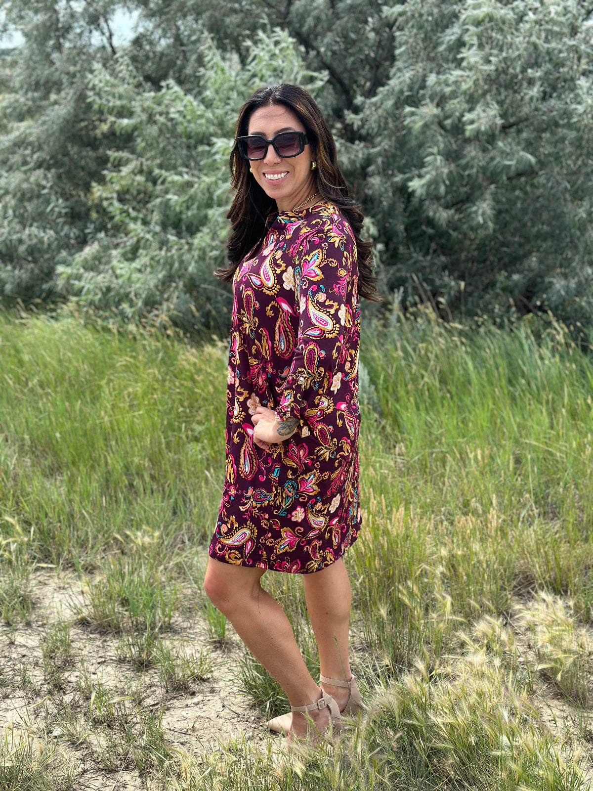 Wine Paisley Floral Gabby Dress- (Small - 3X)