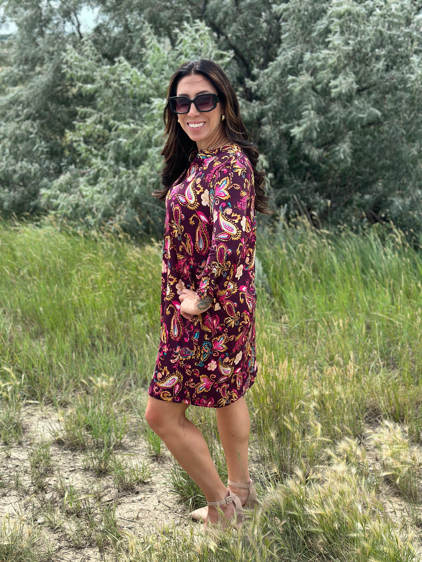 Wine Paisley Floral Gabby Dress- (Small - 3X)