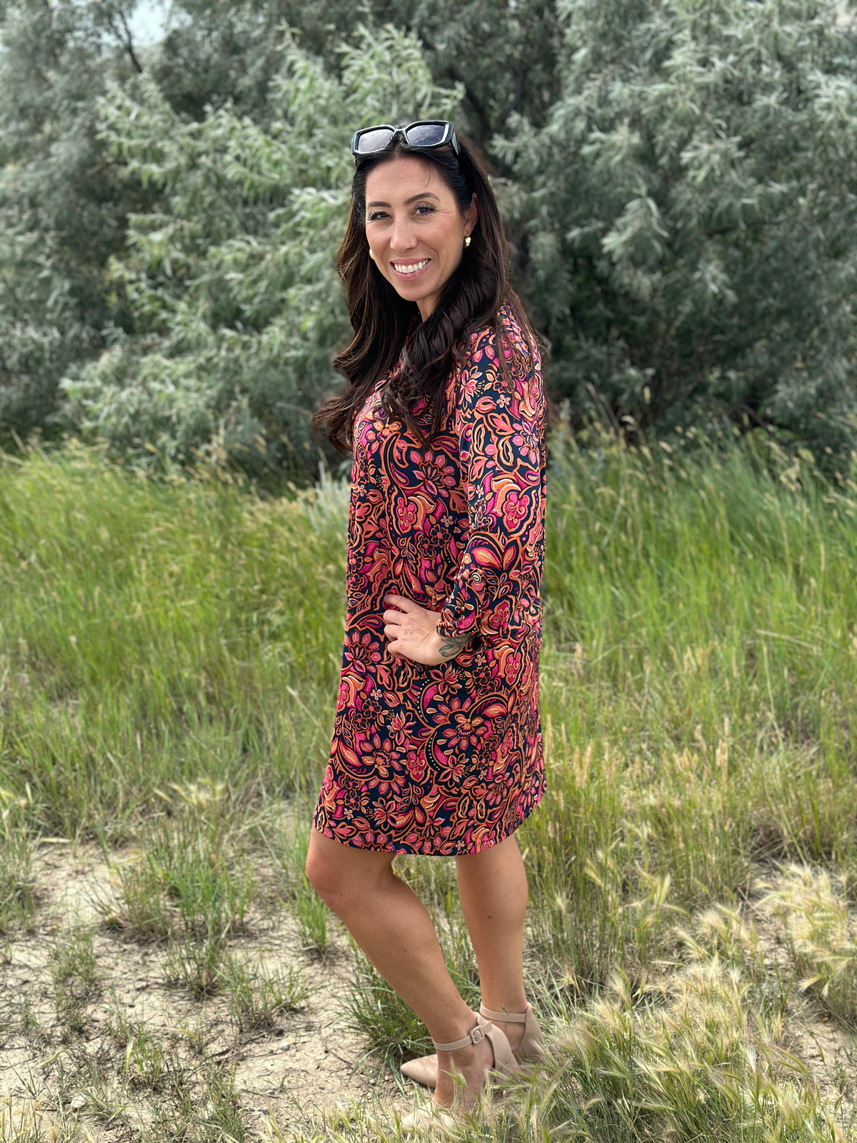 Teal with Rust and Magenta Print Gabby Dress- (Small - 3X)