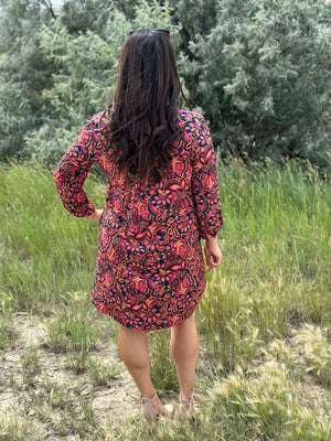 Teal with Rust and Magenta Print Gabby Dress- (Small - 3X)