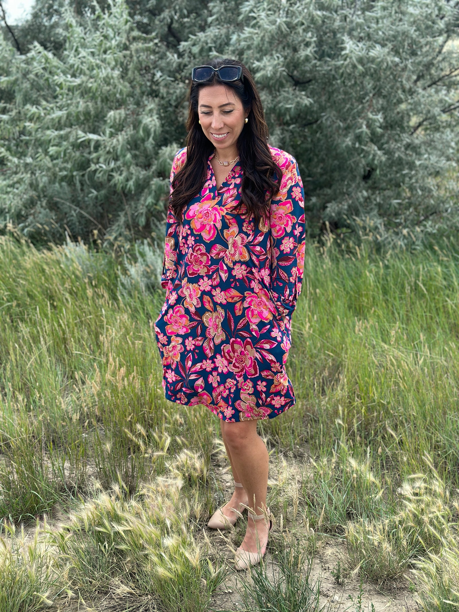 Teal with Bright Pink Floral Gabby Dress- (Small - 3X)