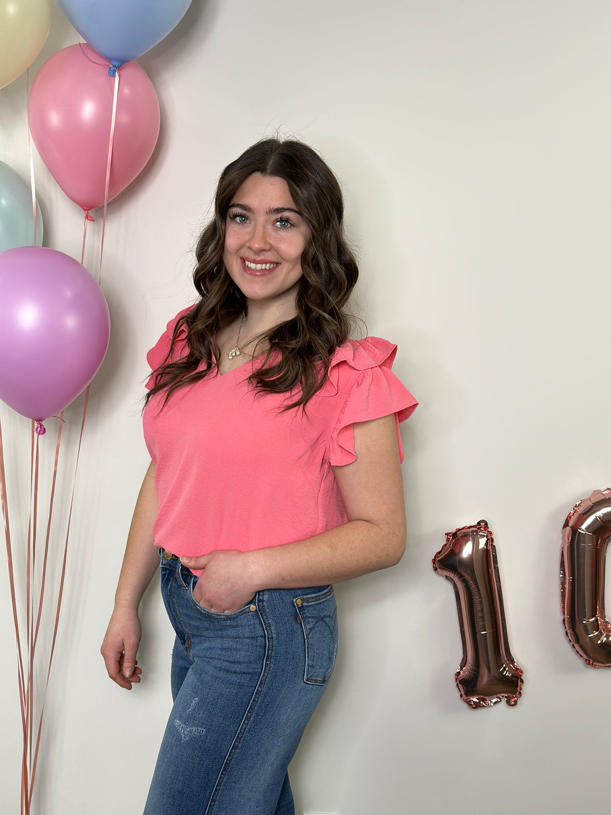 The Olivia Ruffle Top - Coral Pink (Small - 2X)