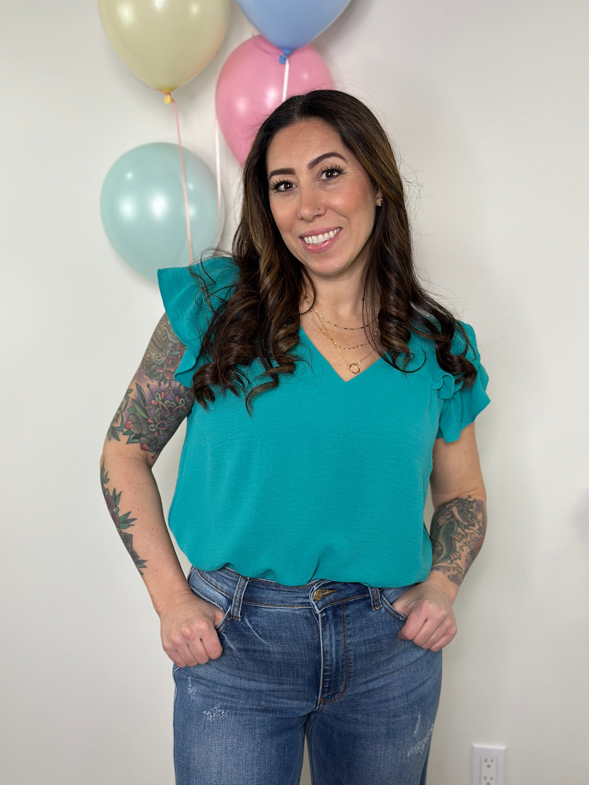 The Olivia Ruffle Top - Teal (Small - 2X)