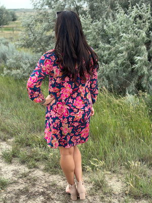 Teal with Bright Pink Floral Gabby Dress- (Small - 3X)