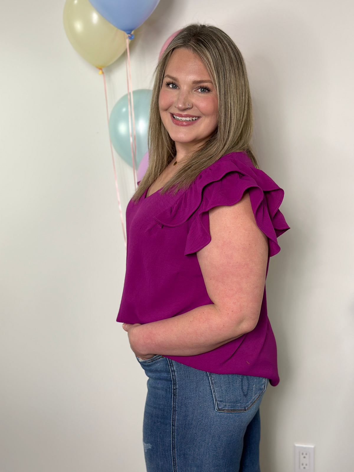 The Olivia Ruffle Top - Purple (Small - 2X)