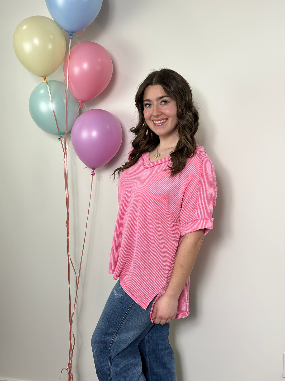 Soft Ribbed Short Sleeve Vneck Top - Pink RESTOCK - FINAL SALE