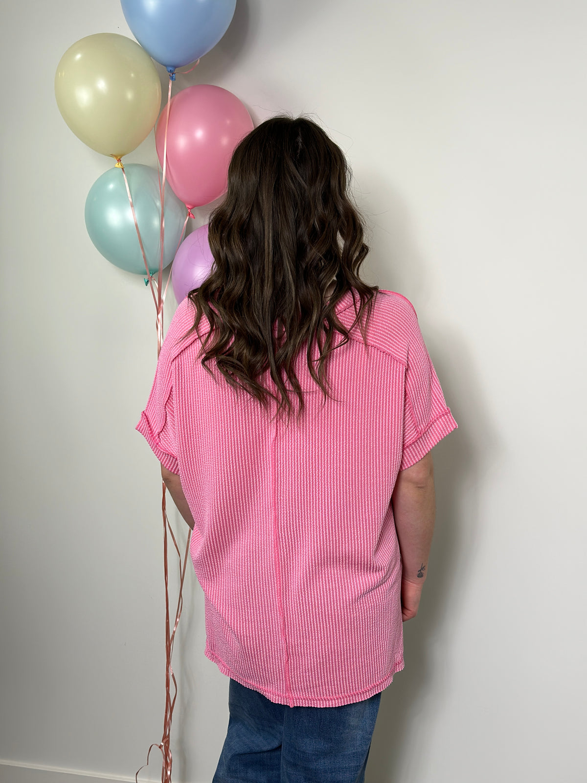 Soft Ribbed Short Sleeve Vneck Top - Pink RESTOCK - FINAL SALE