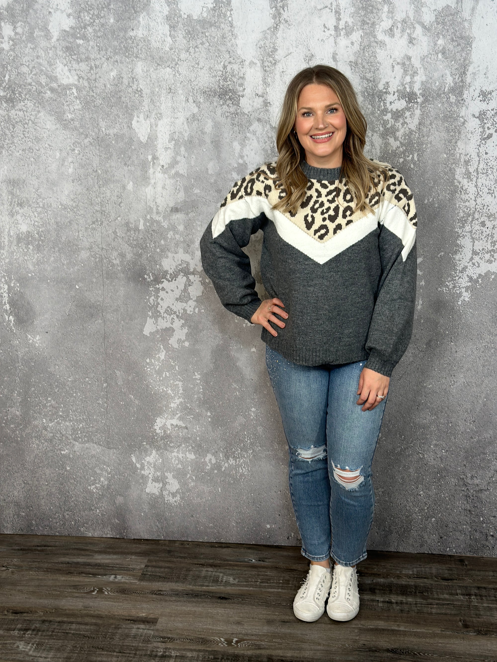 Grey Chevron Leopard Sweater -FINAL SALE