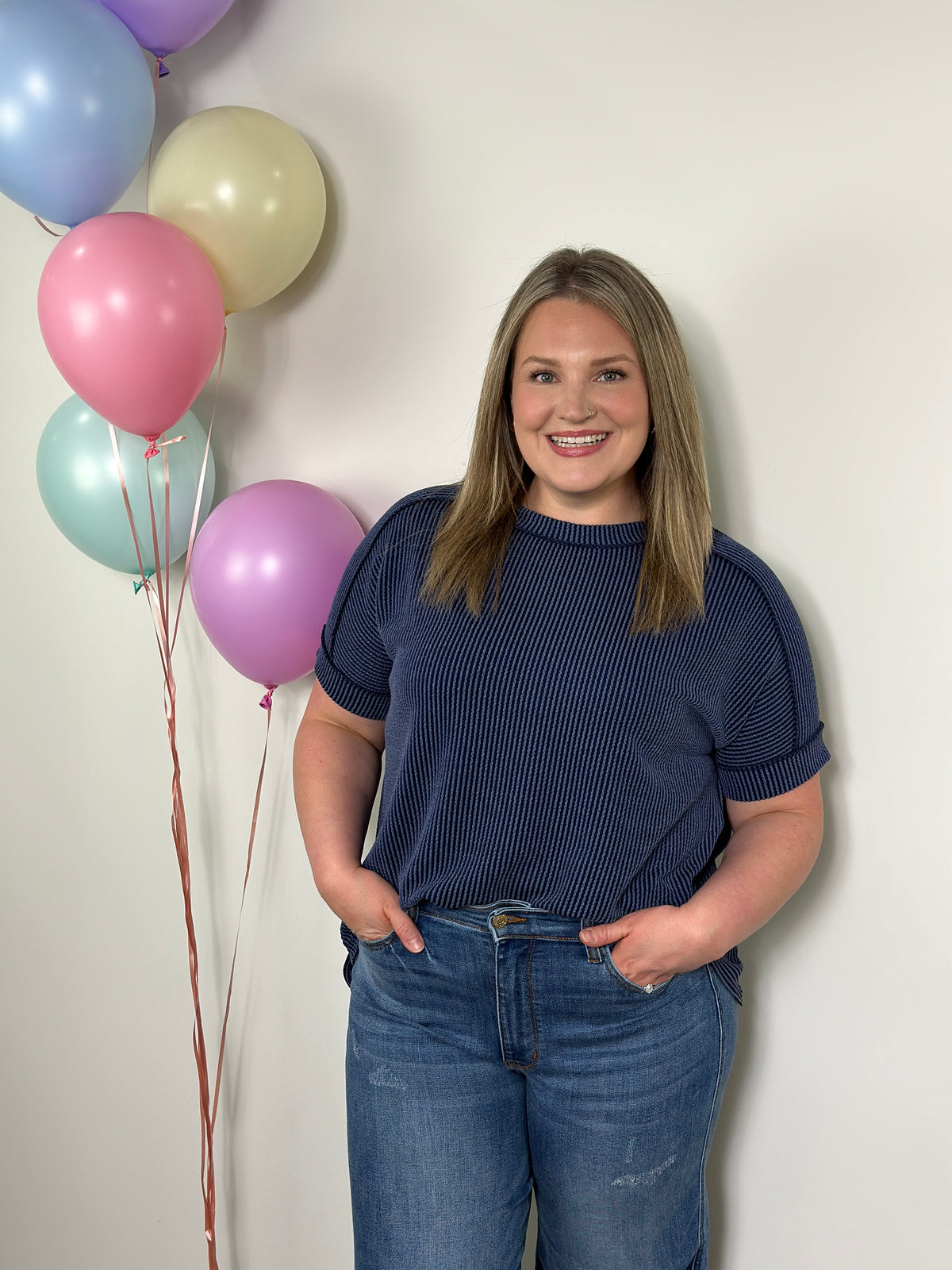 Soft Ribbed Short Sleeve Roundneck Top - Navy (Small - 3X)
