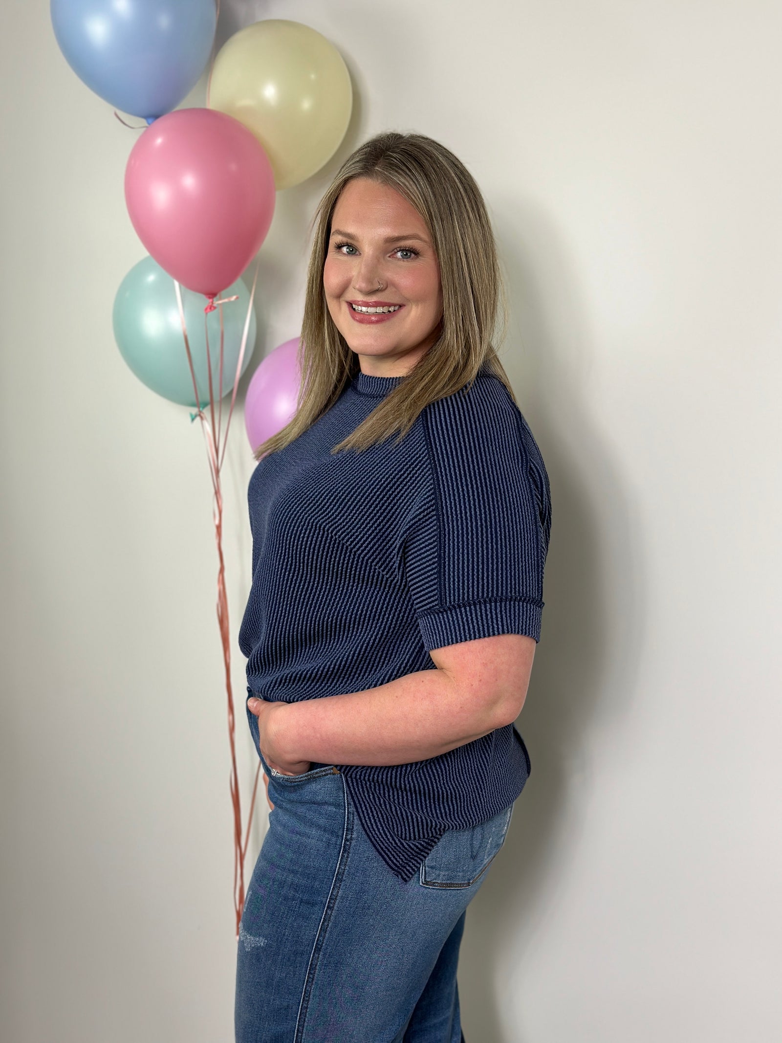 Soft Ribbed Short Sleeve Roundneck Top - Navy (Small - 3X)