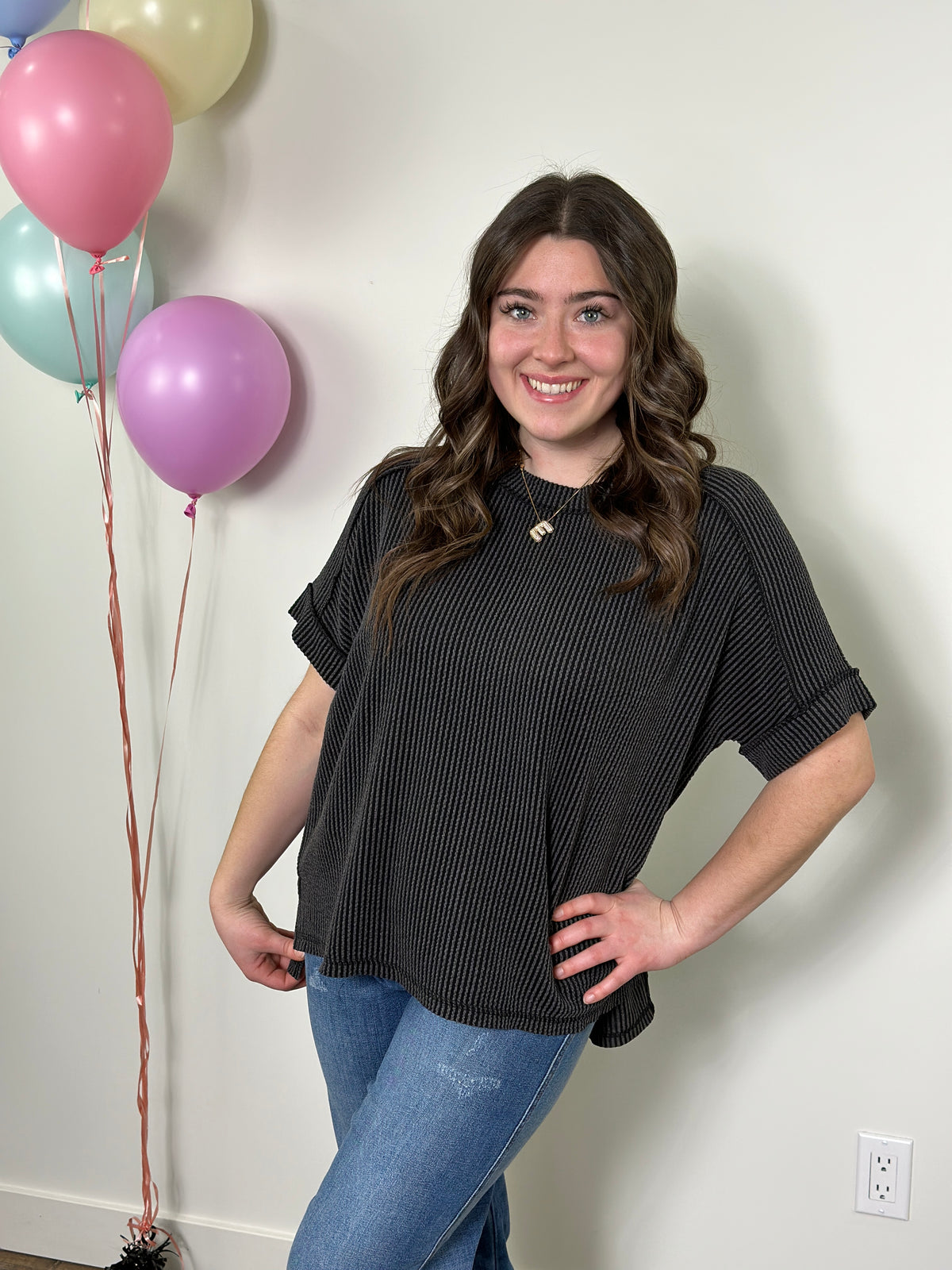 Soft Ribbed Short Sleeve Roundneck Top - Charcoal (Small - 3X)