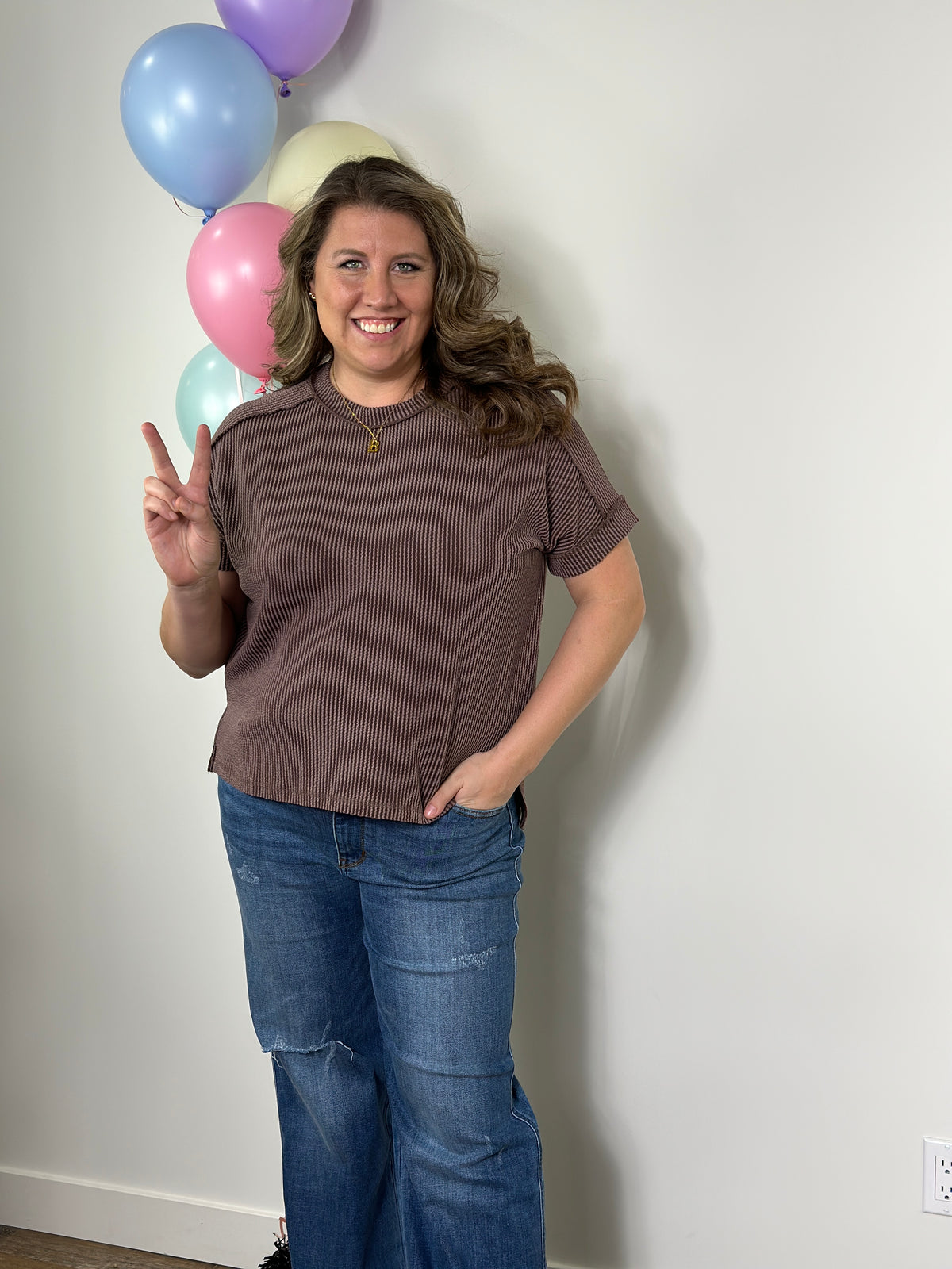 Soft Ribbed Short Sleeve Roundneck Top - Brown (Small - 3X)