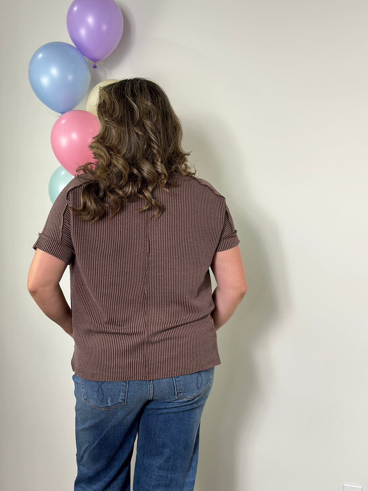 Soft Ribbed Short Sleeve Roundneck Top - Brown (Small - 3X)