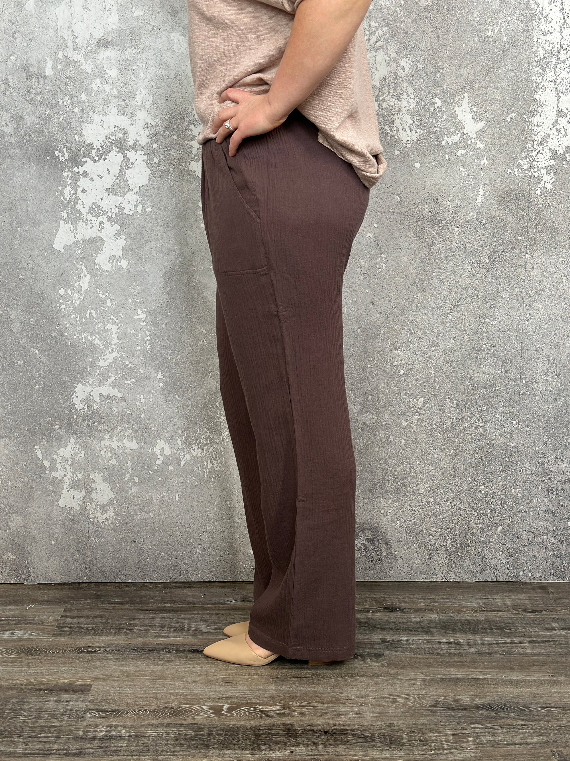 Gauze Jogger Pant with Button Detail - Brown