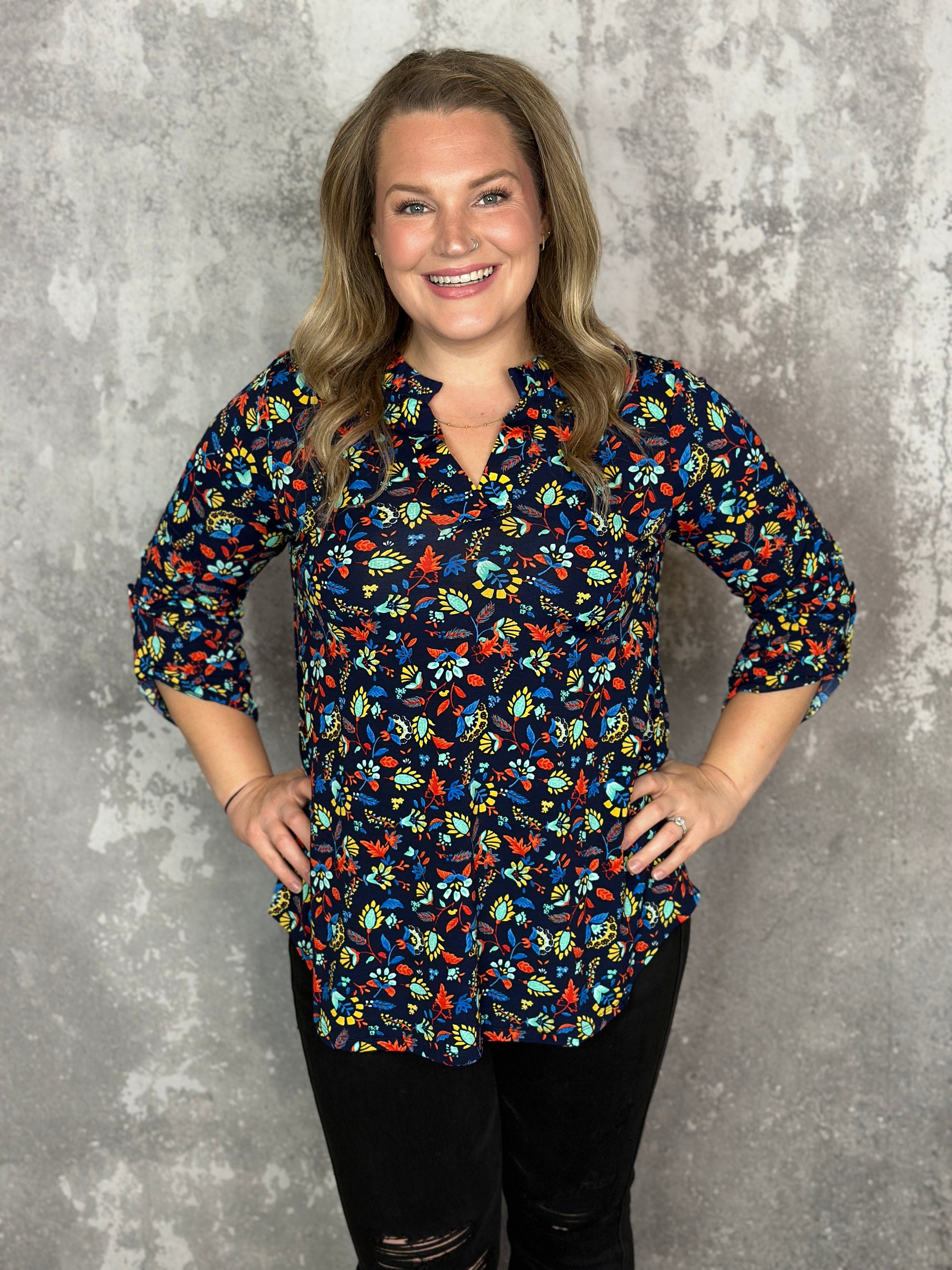 The Wrinkle Free Lizzie Top - Navy Primary Floral (Small - 3X) - FINAL SALE