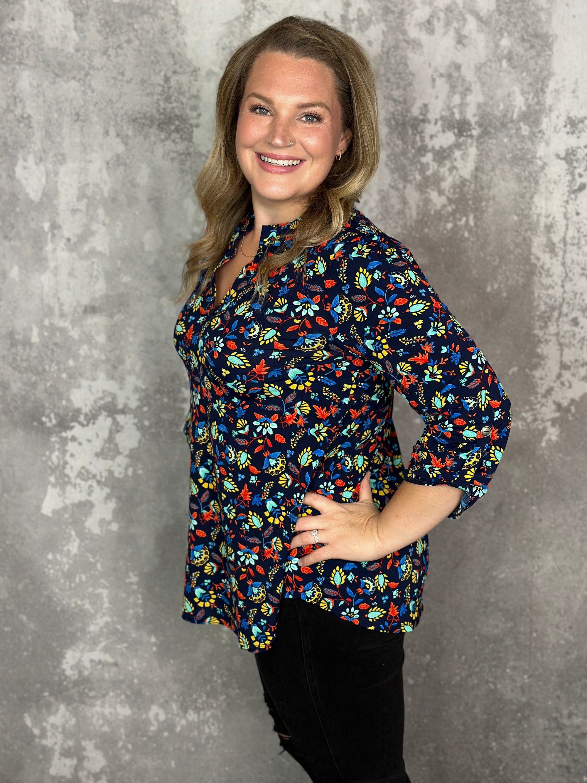 The Wrinkle Free Lizzie Top - Navy Primary Floral (Small - 3X) - FINAL SALE
