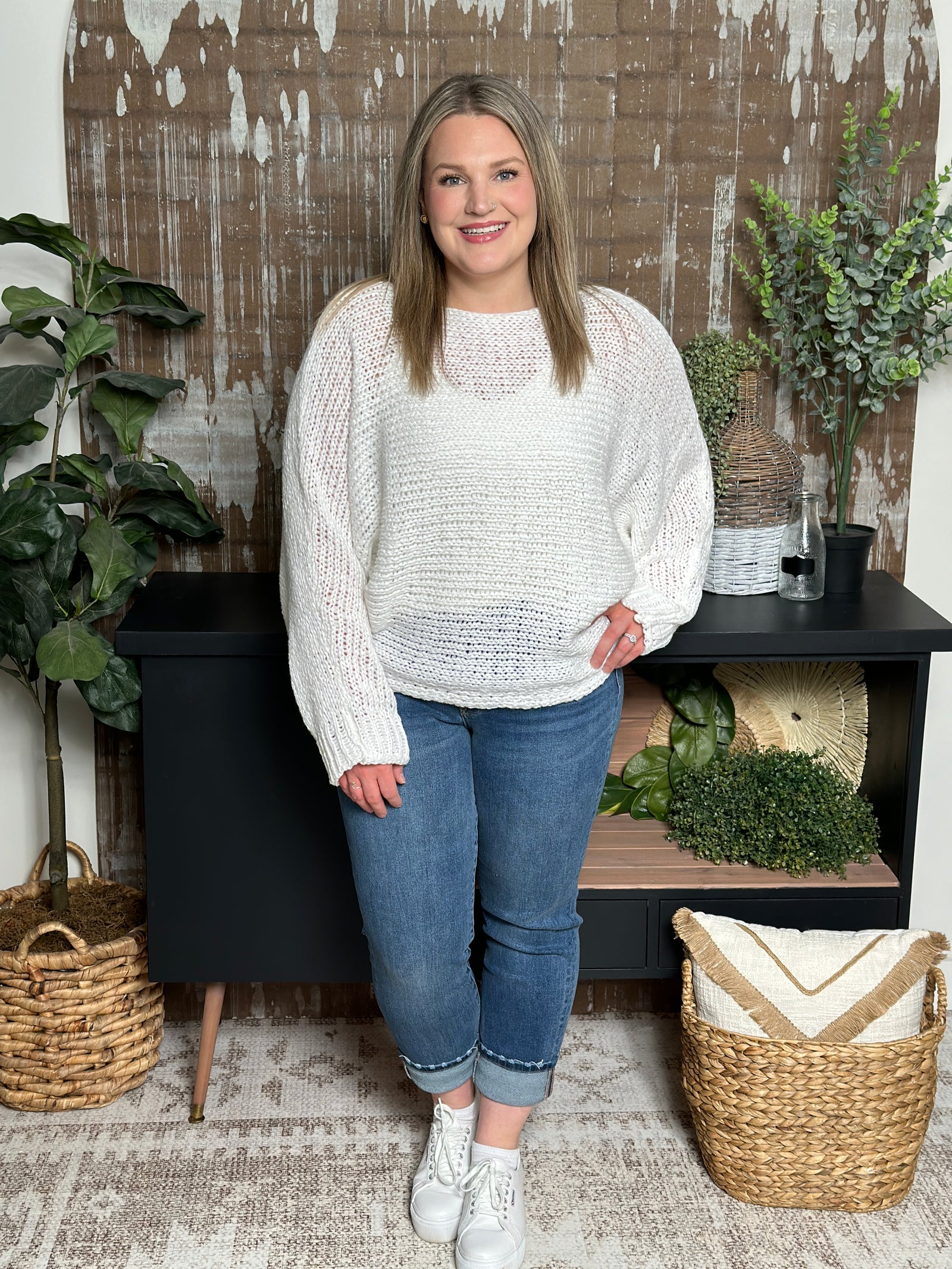 White Loose Knit Boatneck Sweater - FINAL SALE