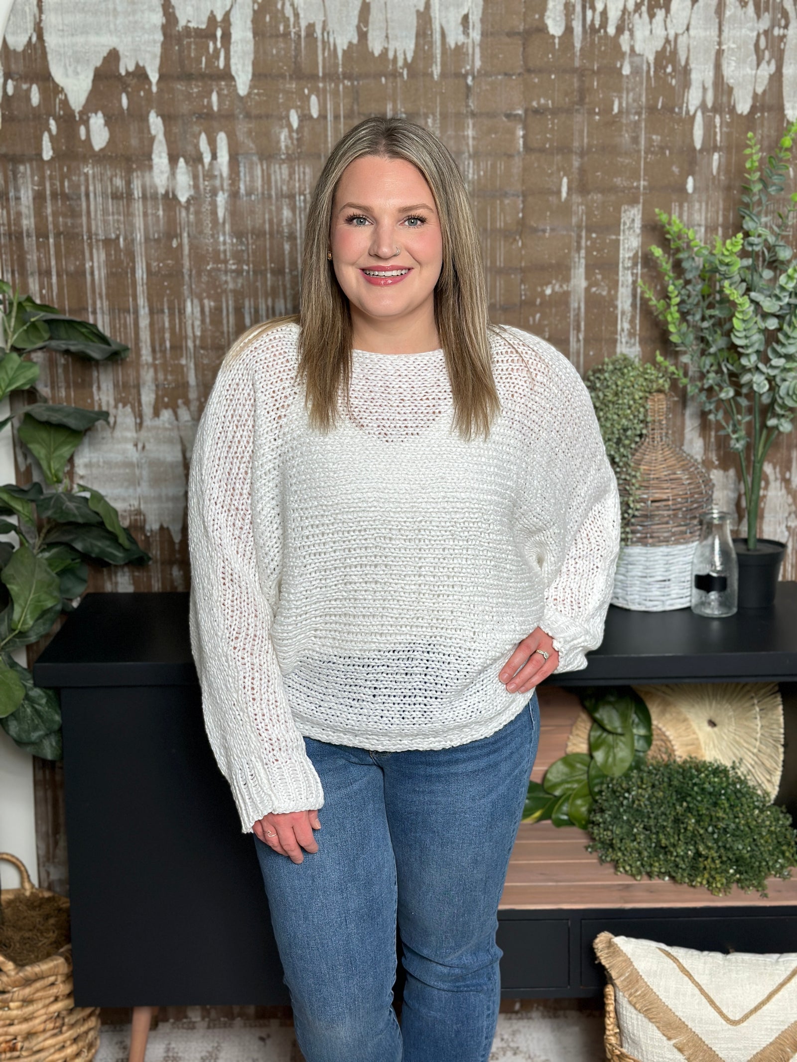 White Loose Knit Boatneck Sweater - FINAL SALE