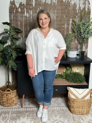 White Button Up Short Sleeve Dolman Blouse