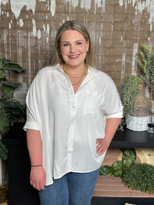 White Button Up Short Sleeve Dolman Blouse