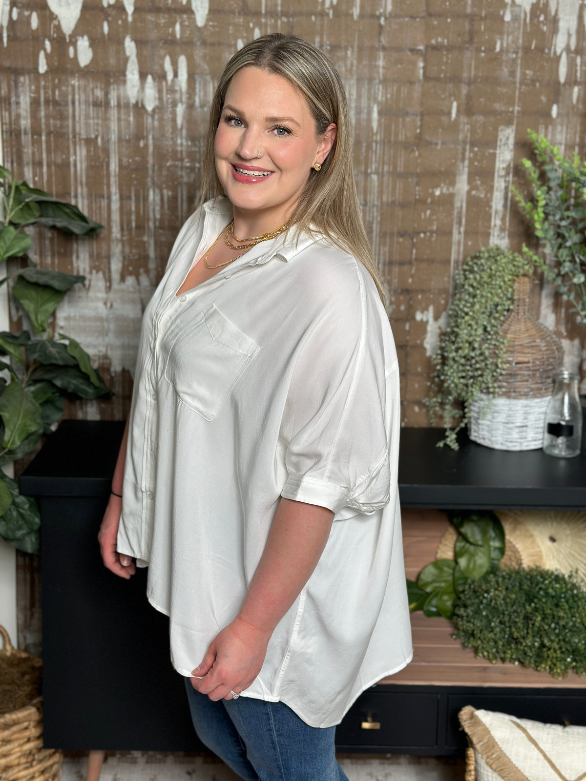 White Button Up Short Sleeve Dolman Blouse