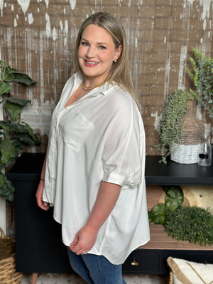 White Button Up Short Sleeve Dolman Blouse