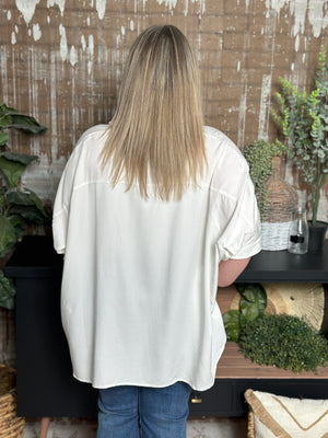 White Button Up Short Sleeve Dolman Blouse