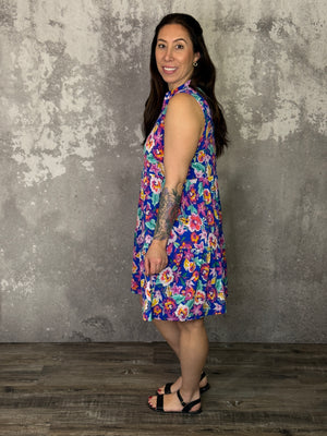 Lizzie Wrinkle Free Tiered Printed Ruffle Dress - Blue Floral (Small - 3X)