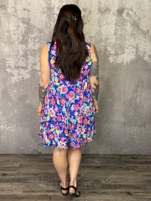Lizzie Wrinkle Free Tiered Printed Ruffle Dress - Blue Floral (Small - 3X)