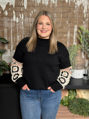 Black Sweater with Granny Square and Stripe Detail