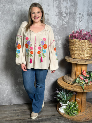 Floral Embroidered Long Sleeve Taupe Top  (Small - 3X)