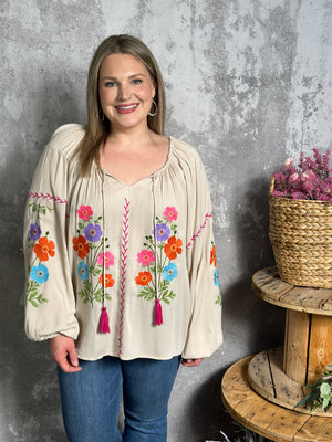 Floral Embroidered Long Sleeve Taupe Top  (Small - 3X)