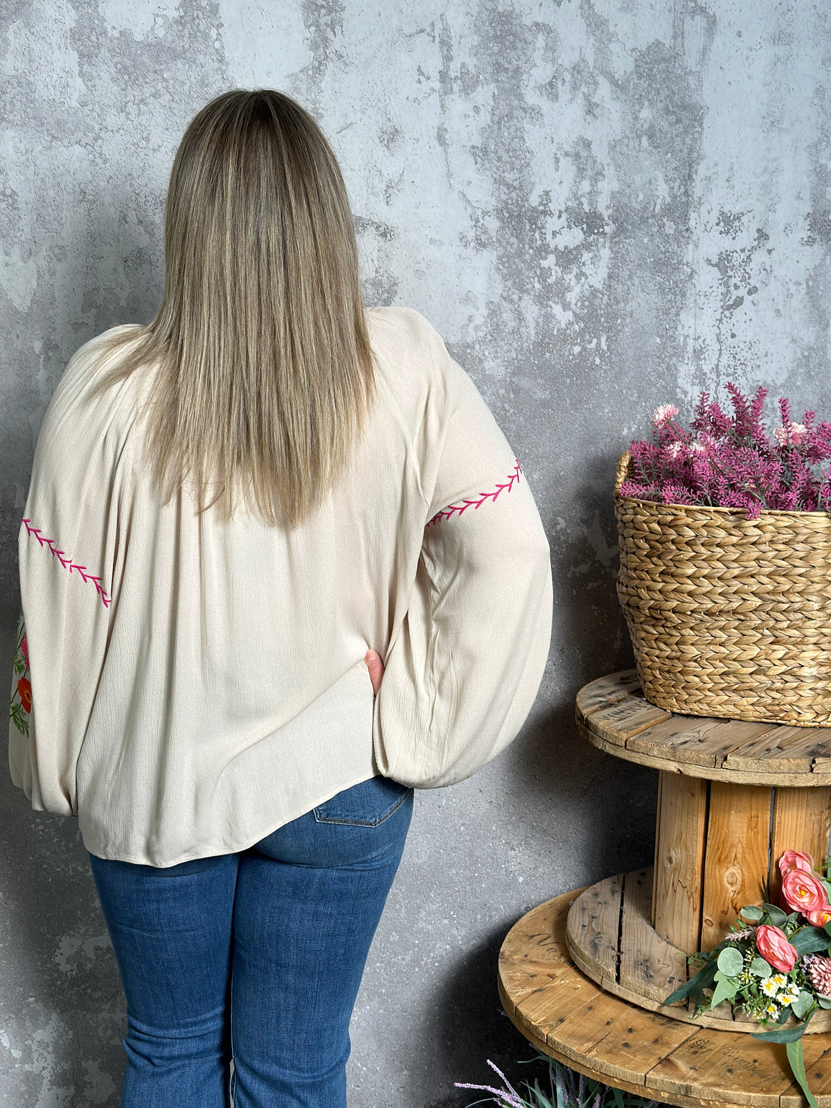 Floral Embroidered Long Sleeve Taupe Top  (Small - 3X)
