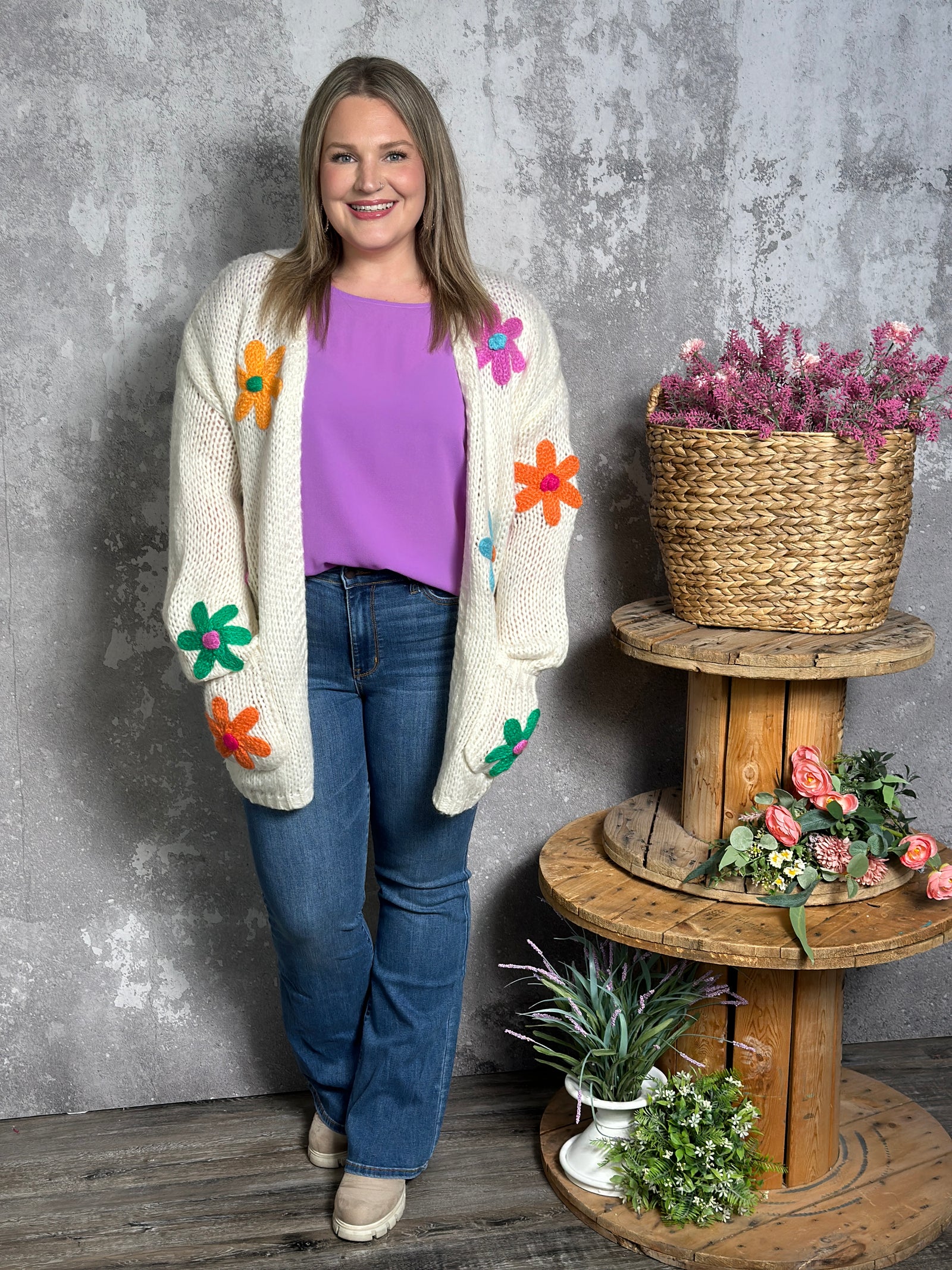 Cream Cardigan with Floral Appliqué (Small - 3X)