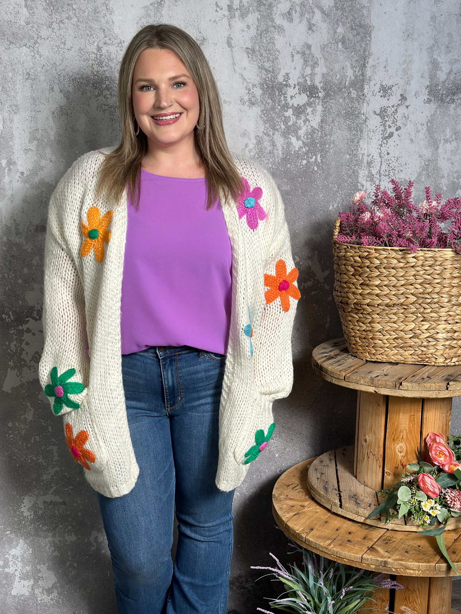 Cream Cardigan with Floral Appliqué (Small - 3X)