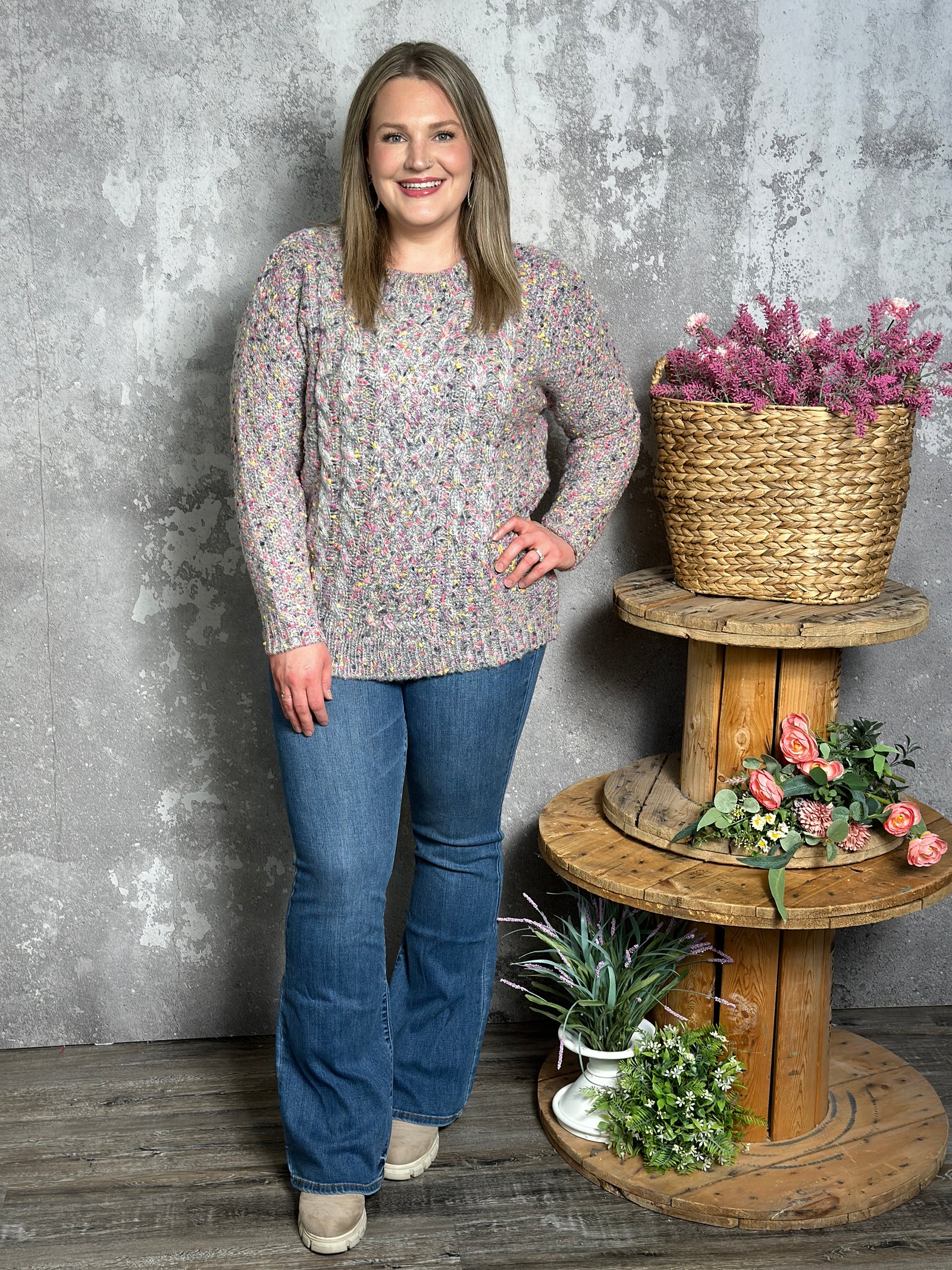 Grey Rose Confetti Sweater