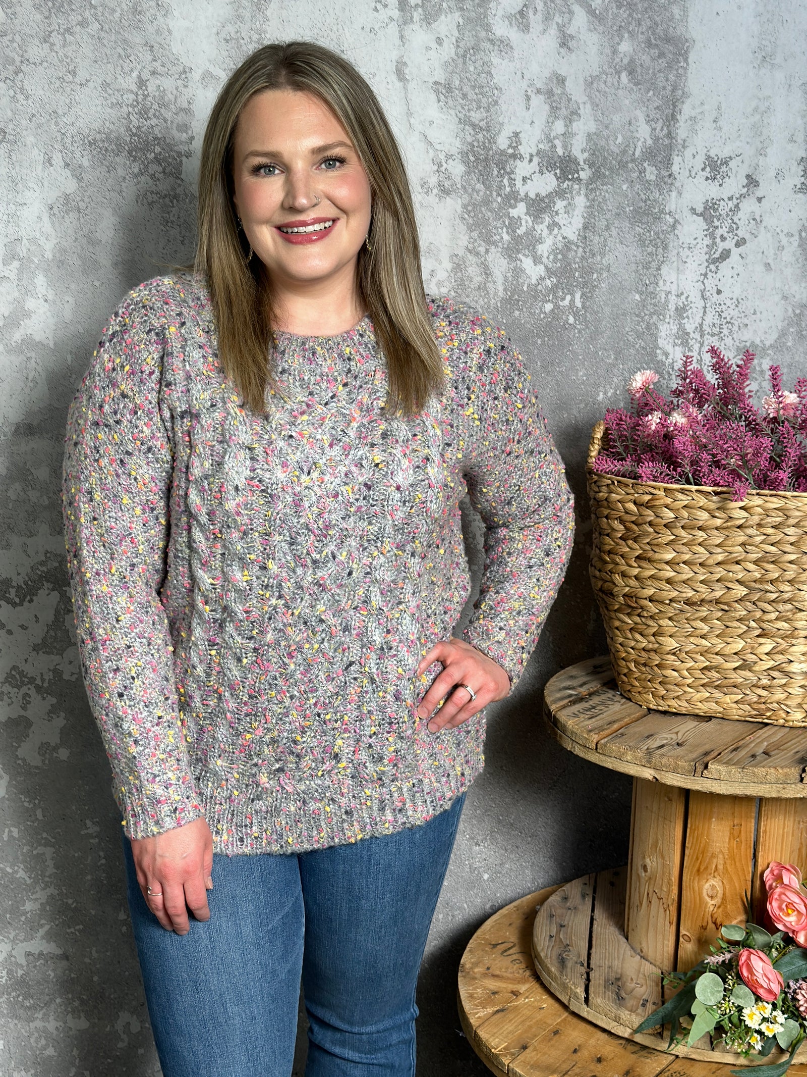 Grey Rose Confetti Sweater