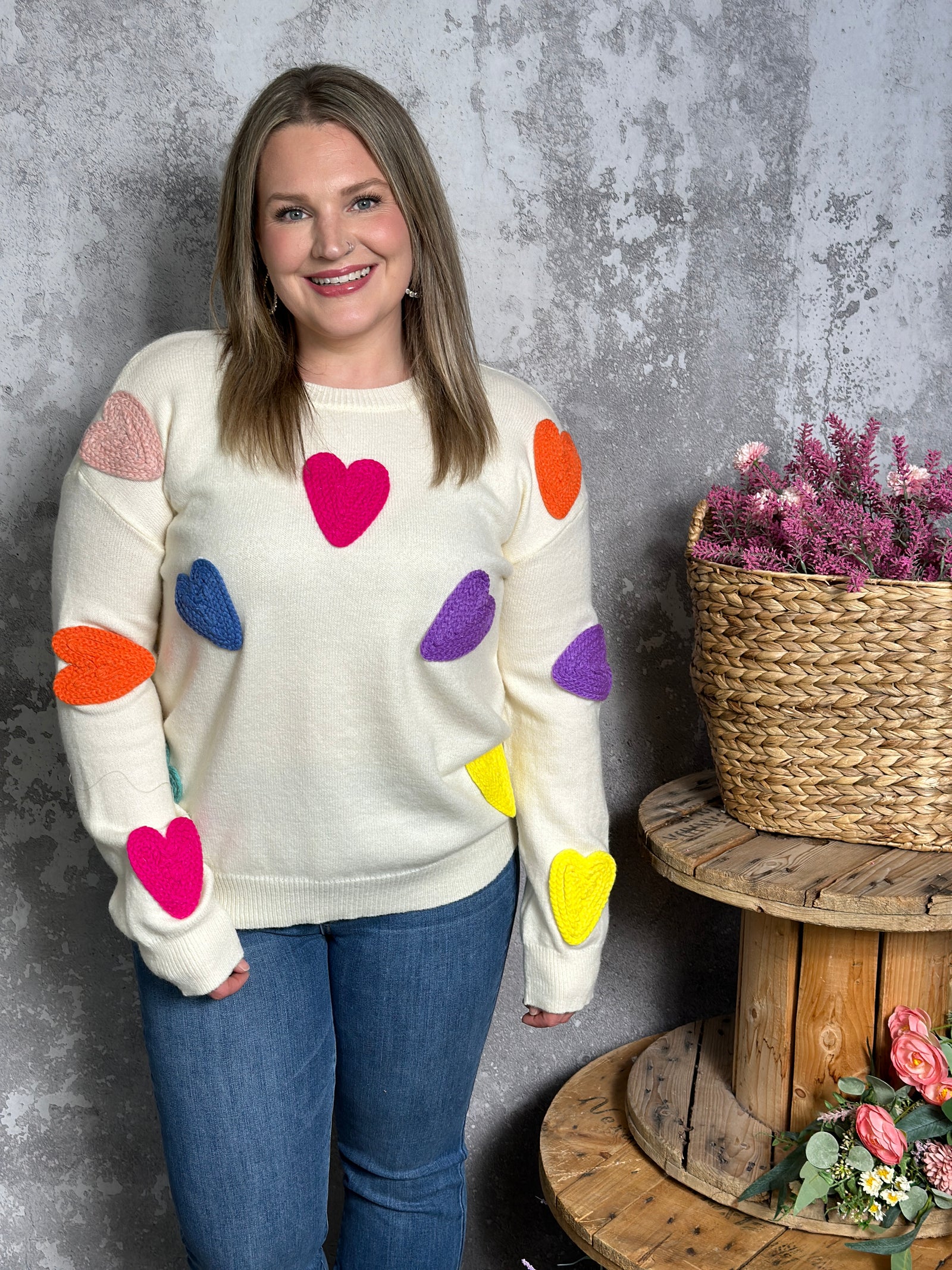 Cream Crewneck Sweater with Multicolor Heart Appliqué