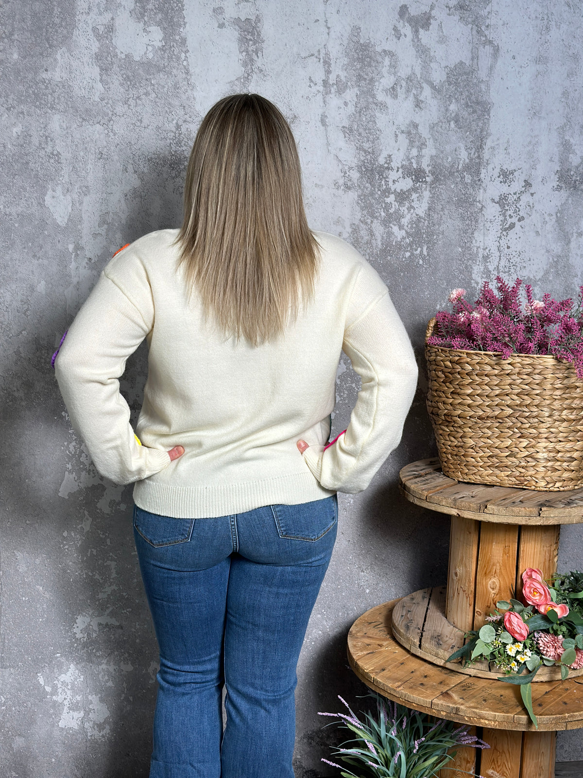 Cream Crewneck Sweater with Multicolor Heart Appliqué