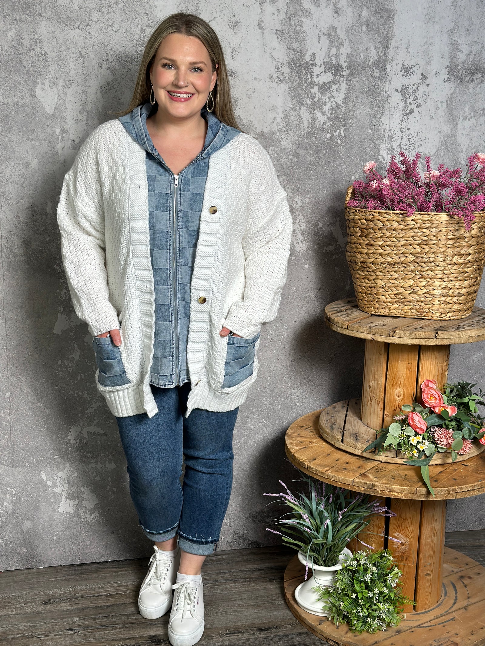 Checker Denim and White Knit Sweater - FINAL SALE