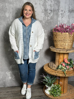 Checker Denim and White Knit Sweater