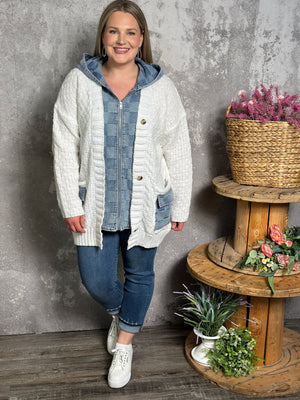 Checker Denim and White Knit Sweater
