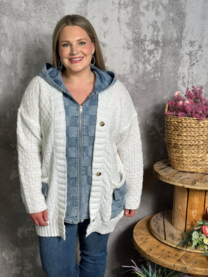 Checker Denim and White Knit Sweater