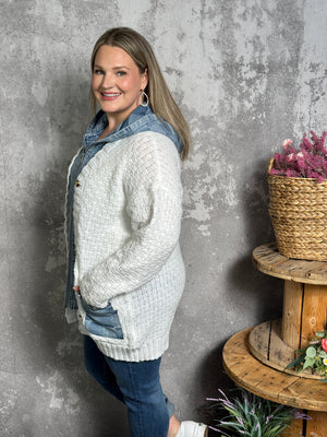 Checker Denim and White Knit Sweater