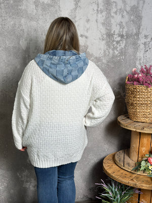 Checker Denim and White Knit Sweater