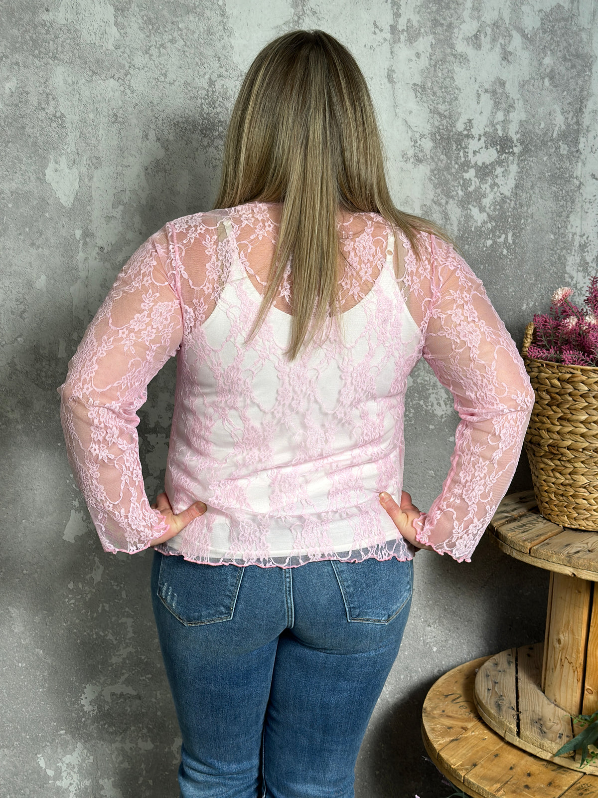 Moch Neck Sheer Lace Top - Pink (Small - 3X) - FINAL SALE