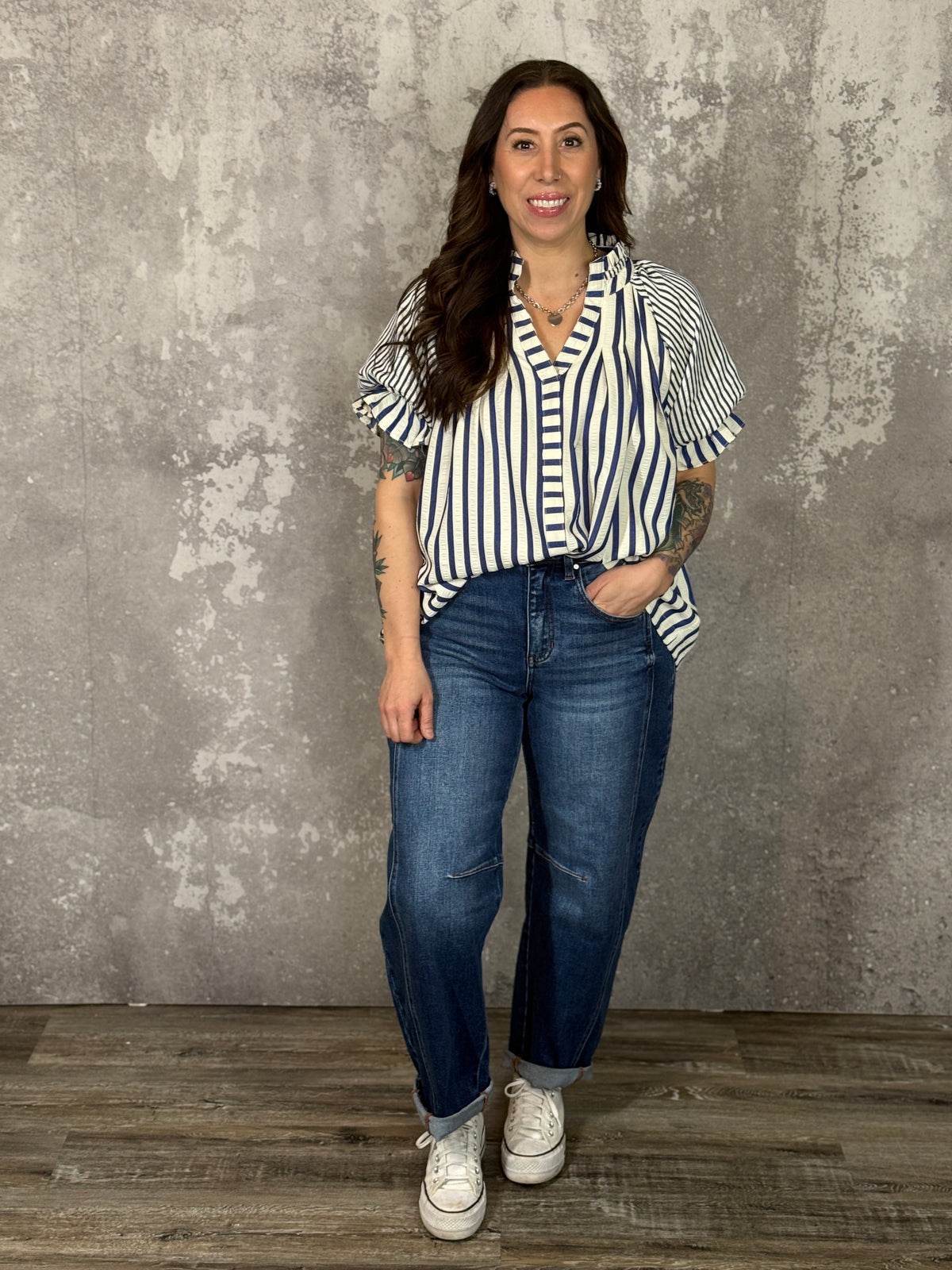 Blue Stripe Puff Sleeve Top (Small - 2X)